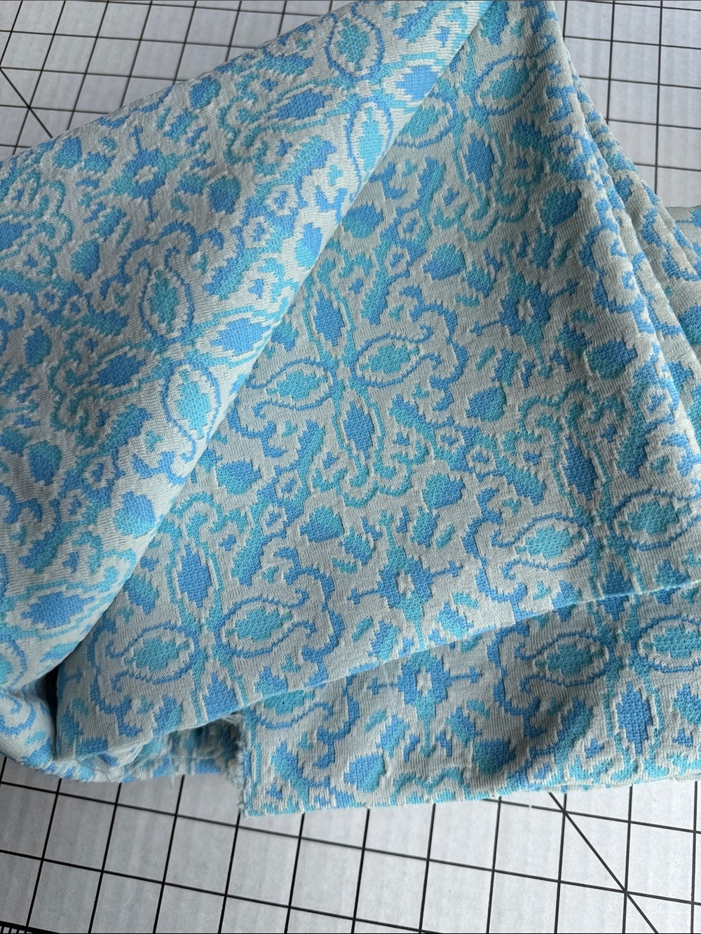 Vintage 1970s Blue White Damask Double Knit Polyester Fabric 1¾ Yards x 60” Wide